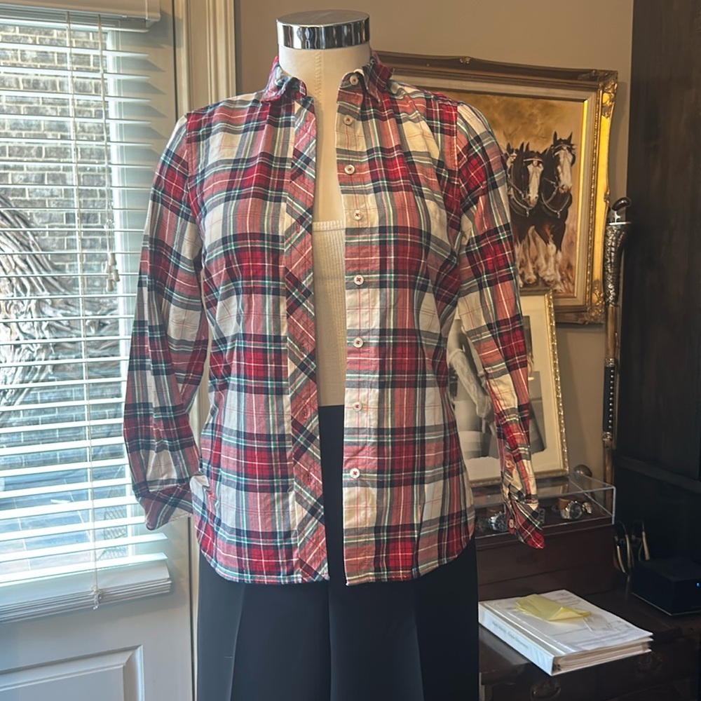 Talbots Sz P Red Blue Cream Plaid Button Down Shirt EUC